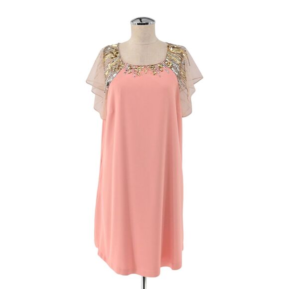AIDAN MATTOX Dress Womens Size 14 Flutter Sleeve Embellished Beaded Sheath Peach - Picture 1 of 14
